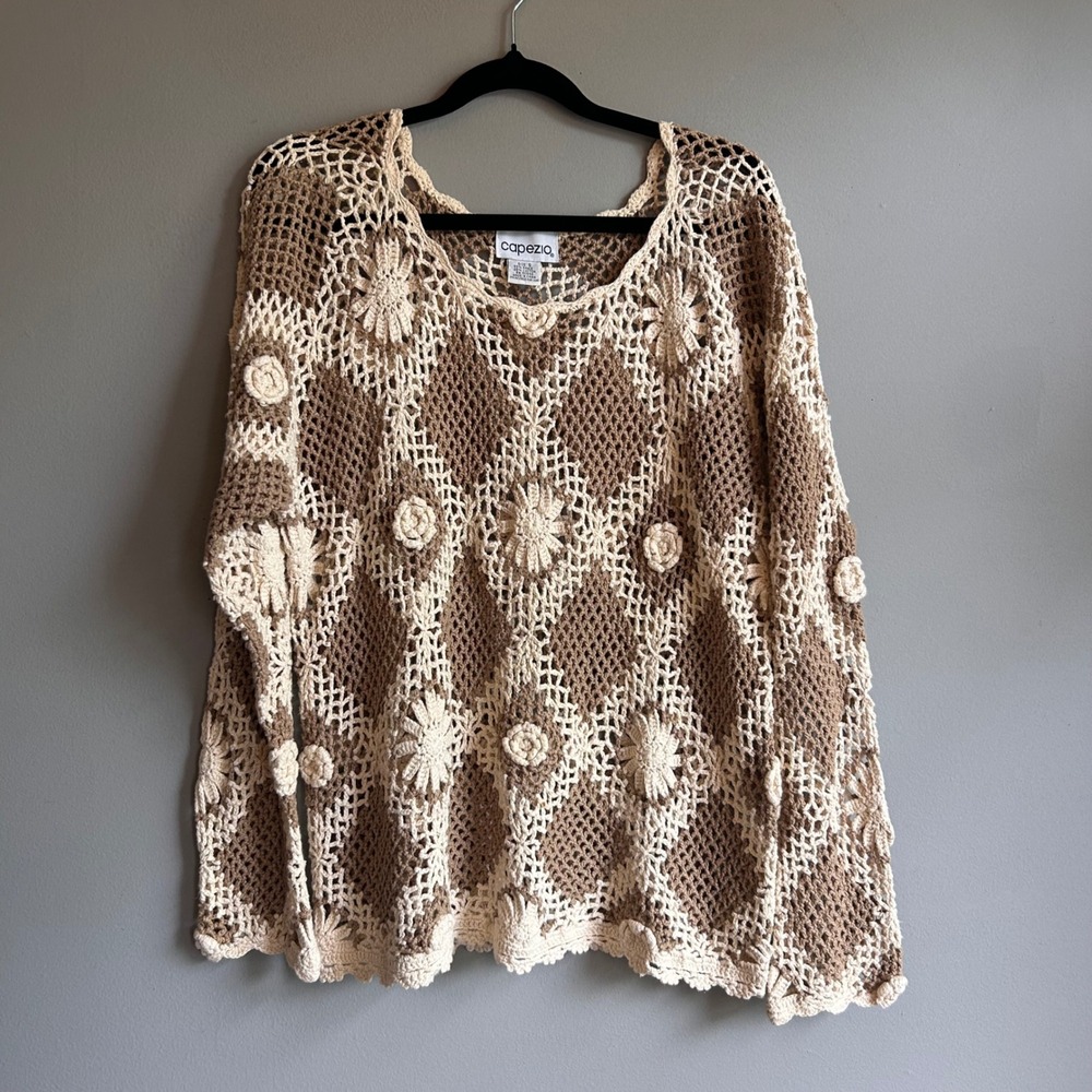 Capezio Womens Crochet Diamond Floral Sweater Tan Cream Ramie Cotton Size S